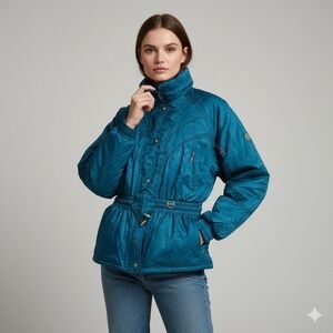 Vintage Descente Teal Floral Ski Jacket Women's Size 10 Winter Warm Coat